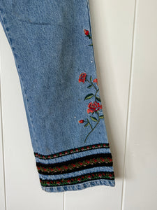 Rose Embroidered Denim Wide Leg Pants